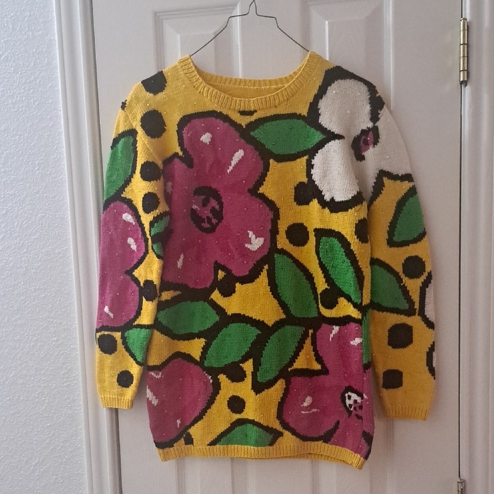 Vintage Floral  Sweater With Clear Rhinestones  Sz Small